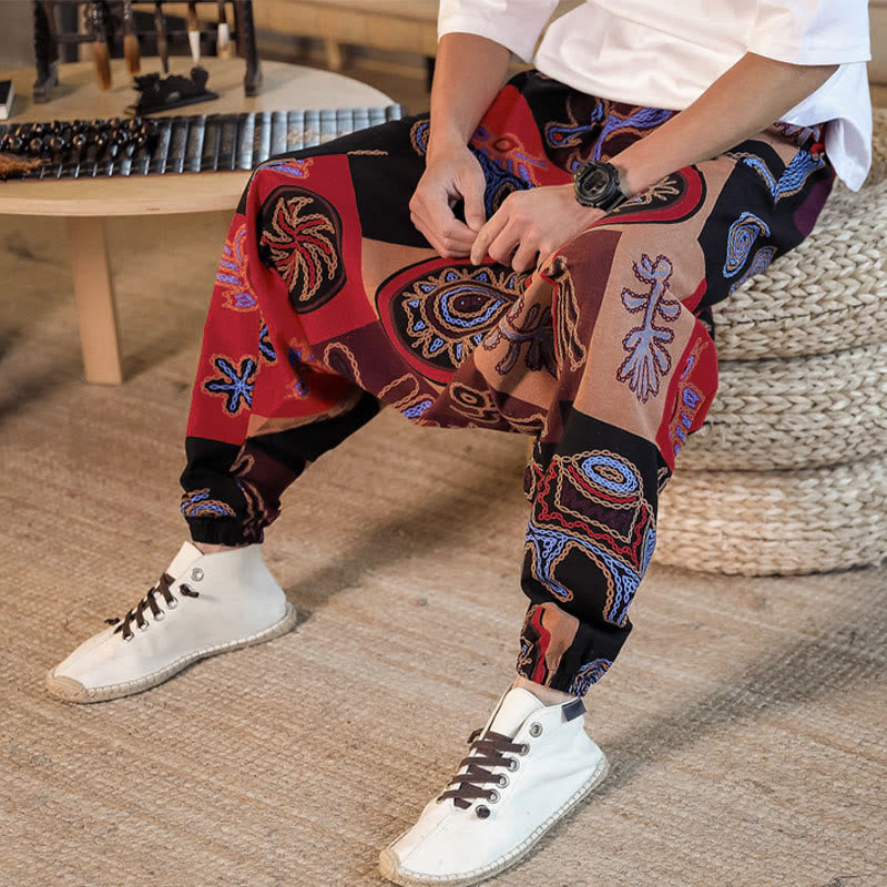 Buddha Stones Grid Flower Print Men's Harem Cropped Pants With Pockets - image 8