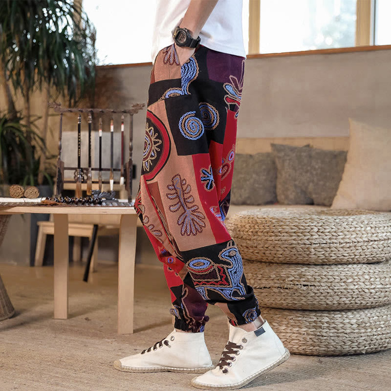 Buddha Stones Grid Flower Print Cotton Men's Harem Cropped Pants With Pockets - image 2