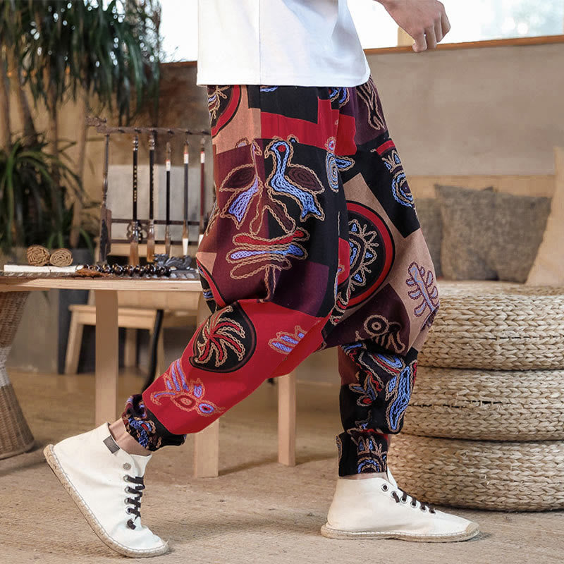 Buddha Stones Grid Flower Print Men's Harem Cropped Pants With Pockets - image 6