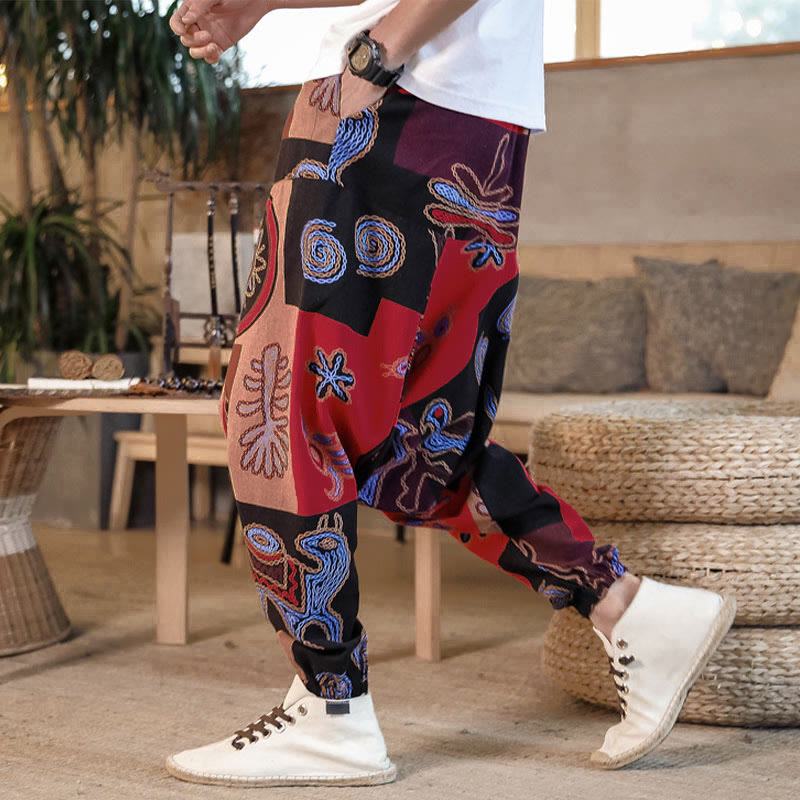Buddha Stones Grid Flower Print Men's Harem Cropped Pants With Pockets - Red - US/UK/AU42，EU52 (3XL) - image 0