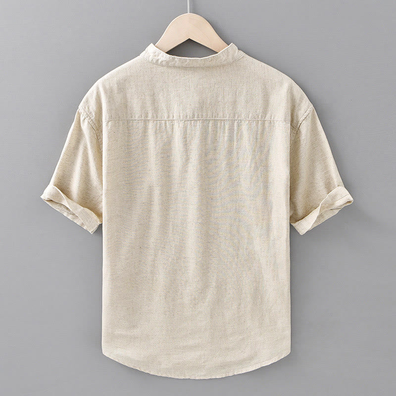 Buddha Stones Summer Solid Color Men's Half Button Short Sleeve Cotton Linen Shirt - image 2