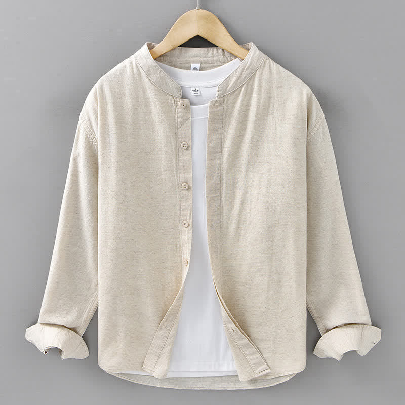 Buddha Stones Spring Casual Mandarin Collar Button-Up Solid Cotton Linen Men's Long Sleeve Shirts - Linen - US/UK/AU42，EU52 (3XL) - image 0