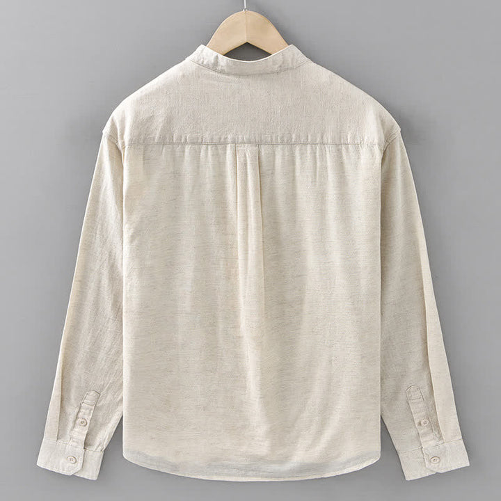 Buddha Stones Spring Casual Mandarin Collar Button-Up Solid Cotton Linen Men's Long Sleeve Shirts - image 1