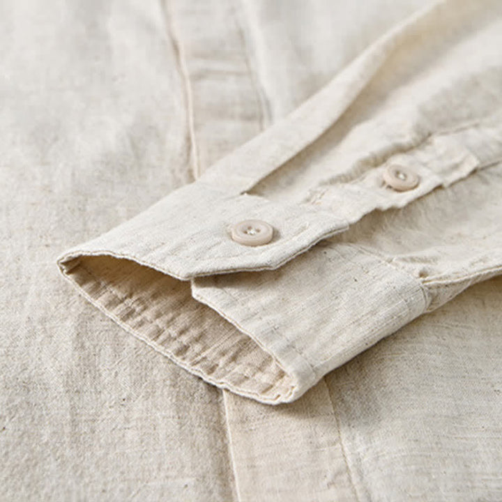 Buddha Stones Spring Casual Mandarin Collar Button-Up Solid Cotton Linen Men's Long Sleeve Shirts - image 6