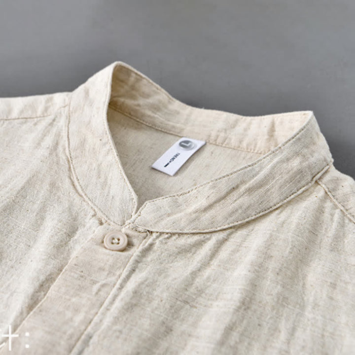 Buddha Stones Spring Casual Mandarin Collar Button-Up Solid Cotton Linen Men's Long Sleeve Shirts - image 4
