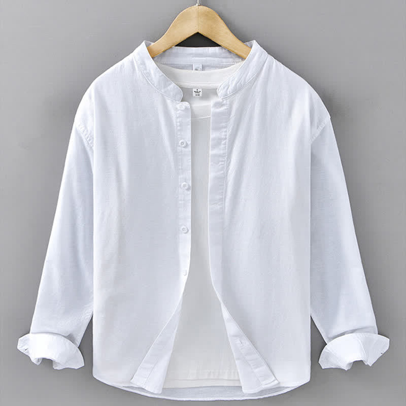 Buddha Stones Spring Casual Mandarin Collar Button-Up Solid Cotton Linen Men's Long Sleeve Shirts - White - US/UK/AU42，EU52 (3XL) - image 17
