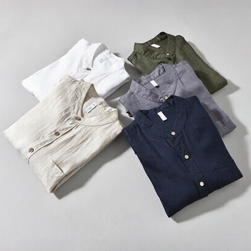 Buddha Stones Spring Casual Mandarin Collar Solid Linen Men's Long Sleeve Shirts With Patch Pocket - image 24