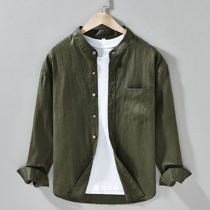Buddha Stones Spring Casual Mandarin Collar Solid Linen Men's Long Sleeve Shirts With Patch Pocket - DarkOliveGreen - US/UK/AU42，EU52 (3XL) - image 17