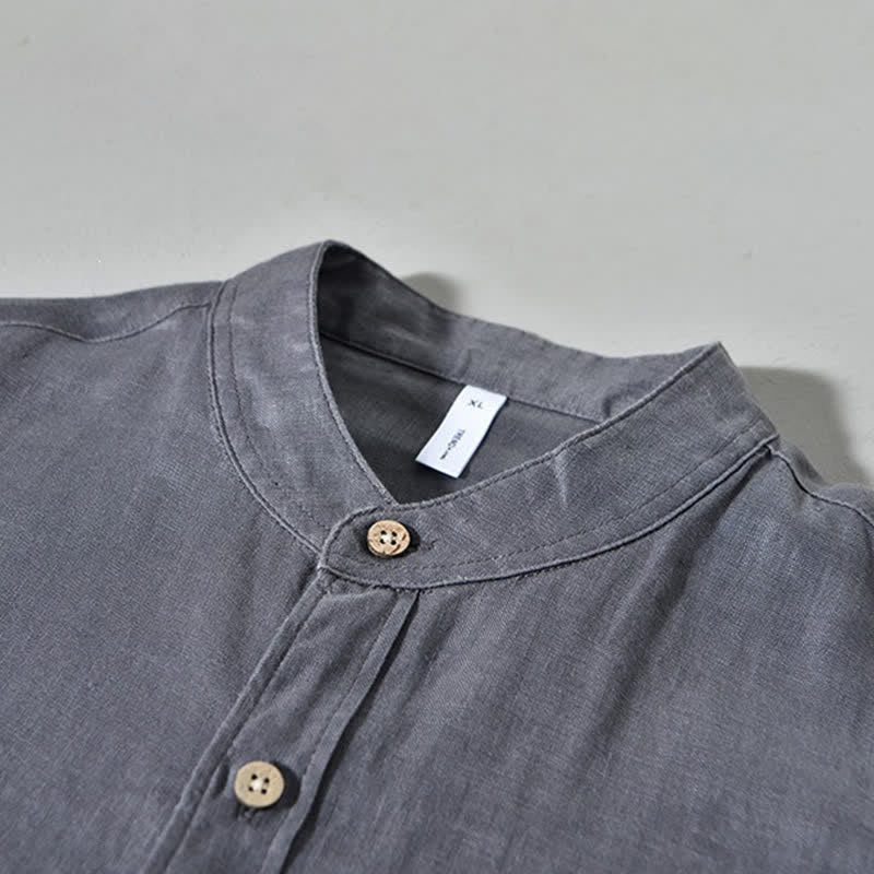 Buddha Stones Spring Casual Mandarin Collar Solid Linen Men's Long Sleeve Shirts With Patch Pocket - image 14
