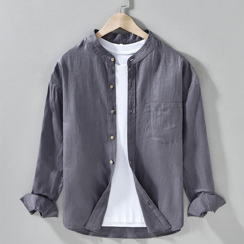 Buddha Stones Spring Casual Mandarin Collar Solid Linen Men's Long Sleeve Shirts With Patch Pocket - SlateGray - US/UK/AU42，EU52 (3XL) - image 13