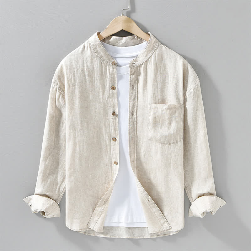 Buddha Stones Spring Casual Mandarin Collar Solid Linen Men's Long Sleeve Shirts With Patch Pocket - Beige - US/UK/AU42，EU52 (3XL) - image 0