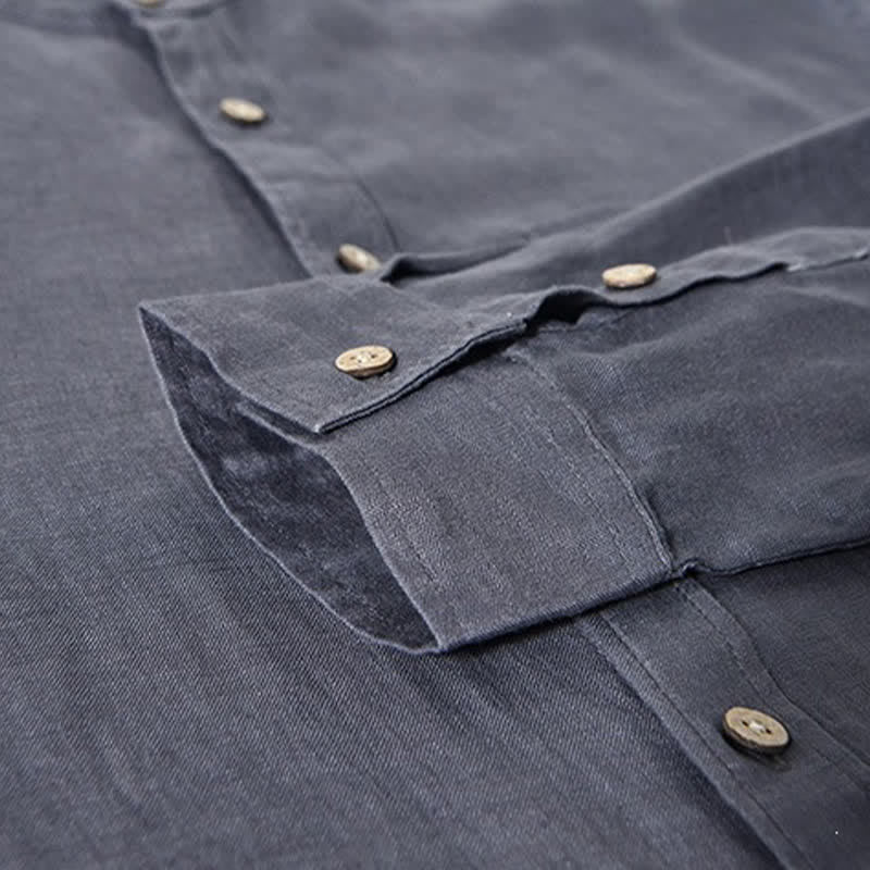Buddha Stones Spring Casual Mandarin Collar Solid Linen Men's Long Sleeve Shirts With Patch Pocket - image 16