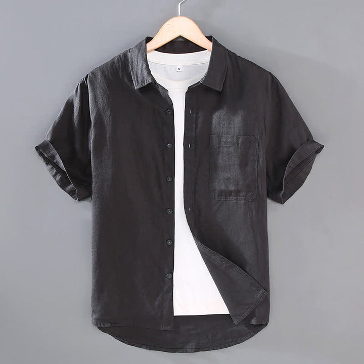 Buddha Stones Summer Casual Button-Up Solid Linen Men's Short Sleeve Shirts With Patch Pocket - DarkSlateGray - US/UK/AU42，EU52 (3XL) - image 9