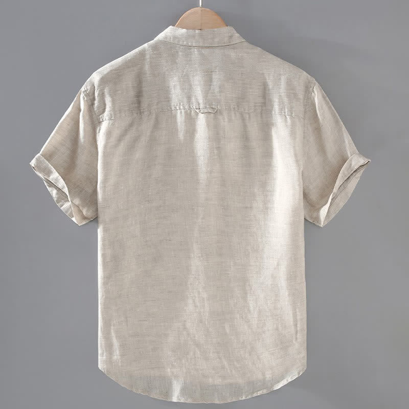 Buddha Stones Summer Casual Button-Up Solid Linen Men's Short Sleeve Shirts With Patch Pocket - image 1