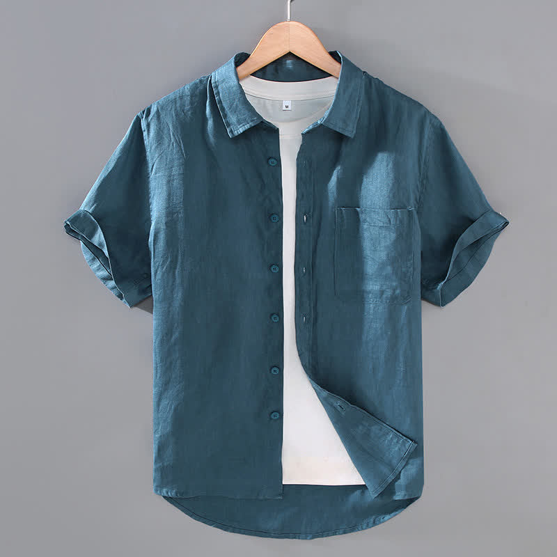 Buddha Stones Summer Casual Button-Up Solid Linen Men's Short Sleeve Shirts With Patch Pocket - CadetBlue - US/UK/AU42，EU52 (3XL) - image 10