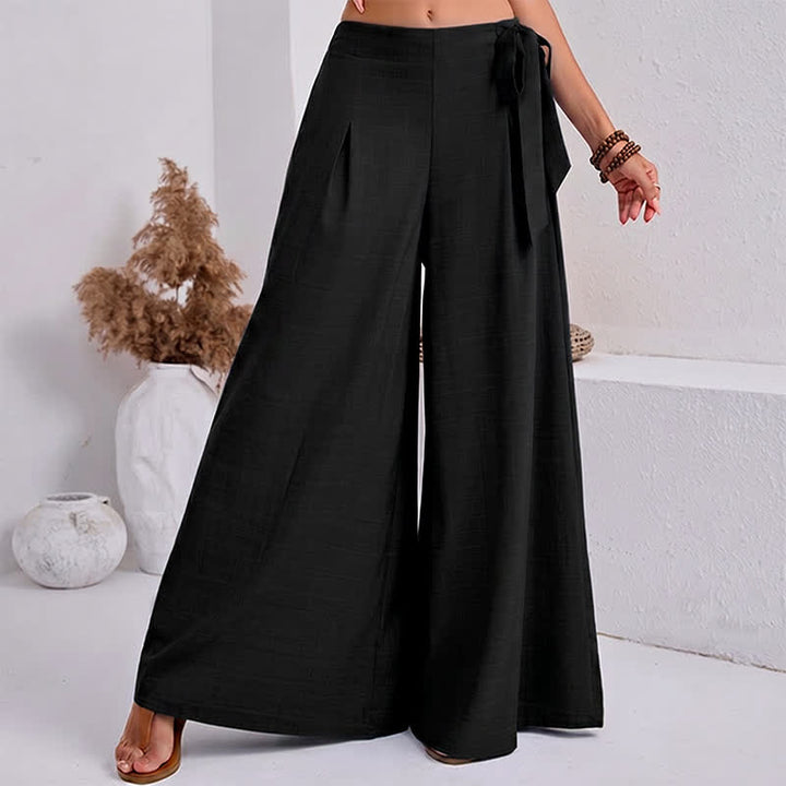 Buddha Stones Spring Casual Retro Plain Drawstring Women's Wide Leg Pants With Pockets - Black - US14，UK/AU18，EU46 (2XL) - image 0