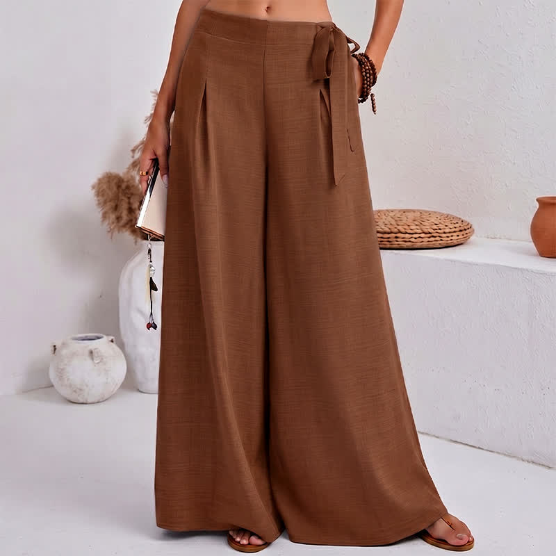 Buddha Stones Spring Casual Retro Plain Drawstring Women's Wide Leg Pants With Pockets - image 13