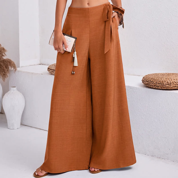 Buddha Stones Spring Casual Retro Plain Drawstring Women's Wide Leg Pants With Pockets - image 15