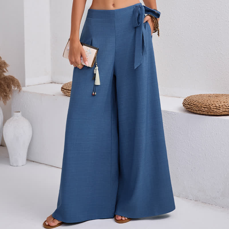 Buddha Stones Spring Casual Retro Plain Drawstring Women's Wide Leg Pants With Pockets - image 7