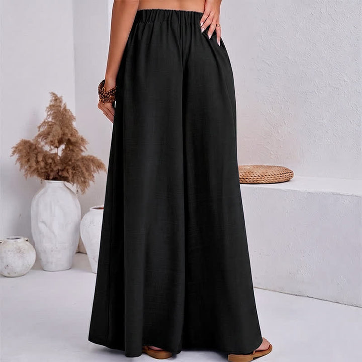 Buddha Stones Spring Casual Retro Plain Drawstring Women's Wide Leg Pants With Pockets - image 3