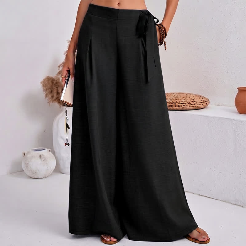 Buddha Stones Spring Casual Retro Plain Drawstring Women's Wide Leg Pants With Pockets - image 1