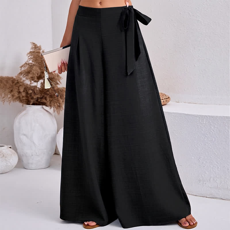 Buddha Stones Spring Casual Retro Plain Drawstring Women's Wide Leg Pants With Pockets - image 2