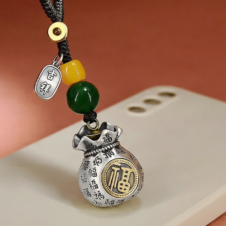 Buddha Stones Copper Fu Character Blessing Fortune Bag Keychains - image 1