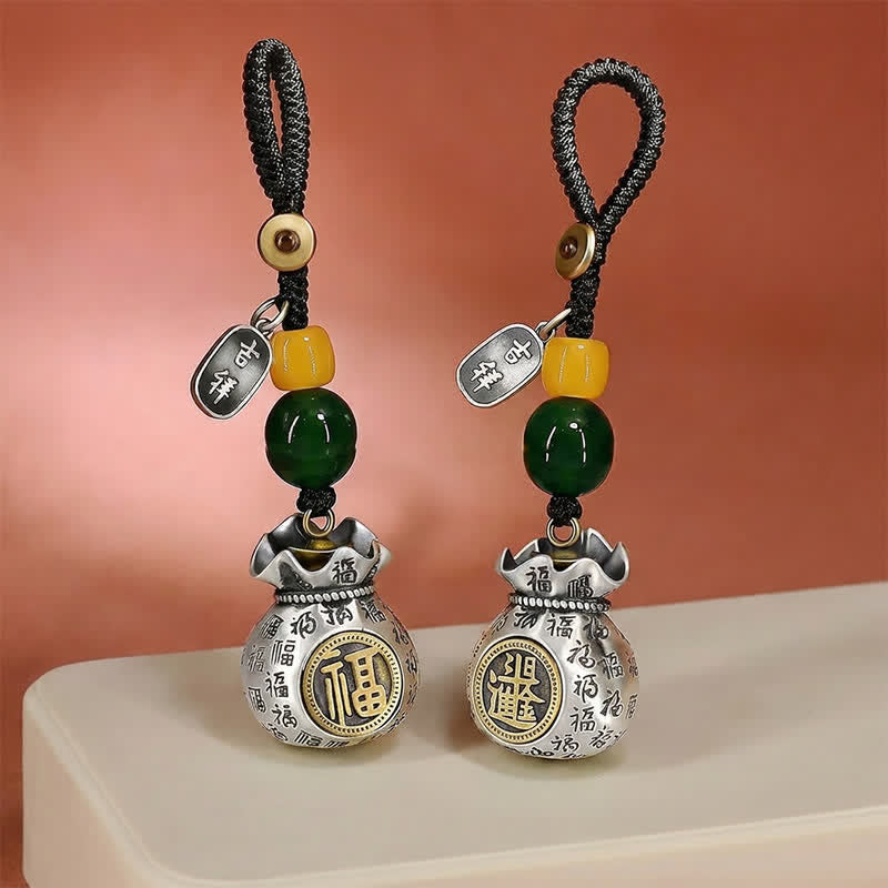 Buddha Stones Copper Fu Character Blessing Fortune Bag Keychains - image 8
