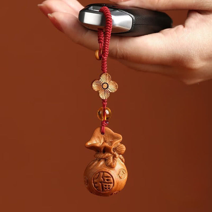 Buddha Stones Peach Wood Fu Character Lotus Lucky Pouch Wealth Charm Keychains - image 4