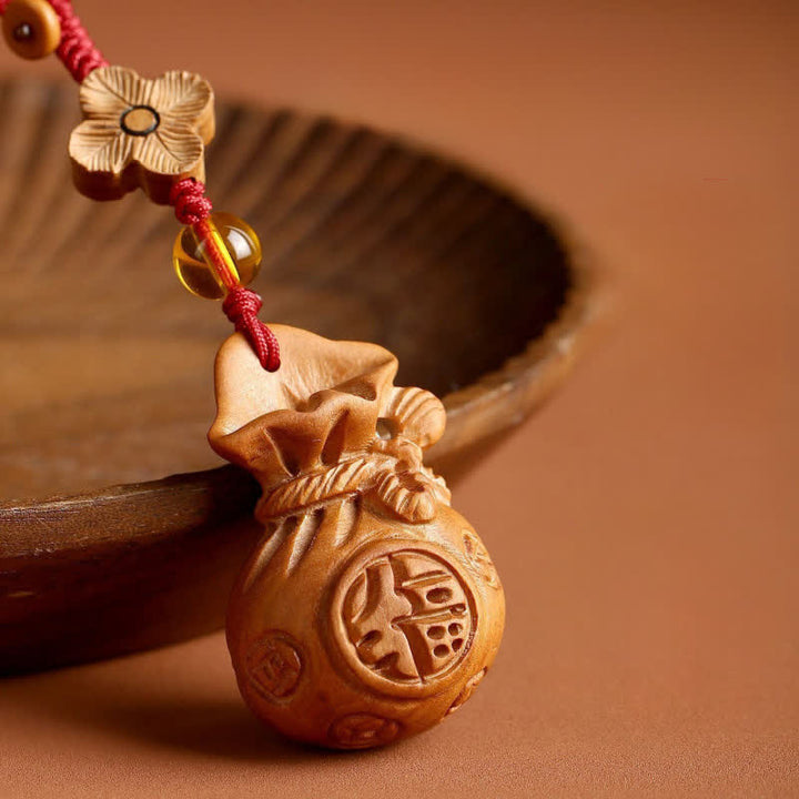 Buddha Stones Peach Wood Fu Character Lotus Lucky Pouch Wealth Charm Keychains - image 2