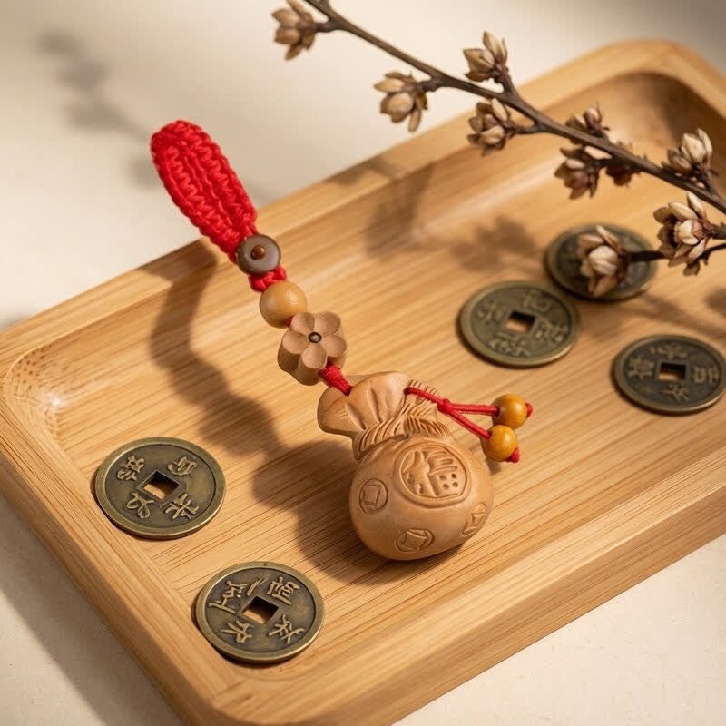Buddha Stones Peach Wood Fu Character Lotus Lucky Pouch Wealth Charm Keychains - Plum Blossom Beads Red Rope - image 11