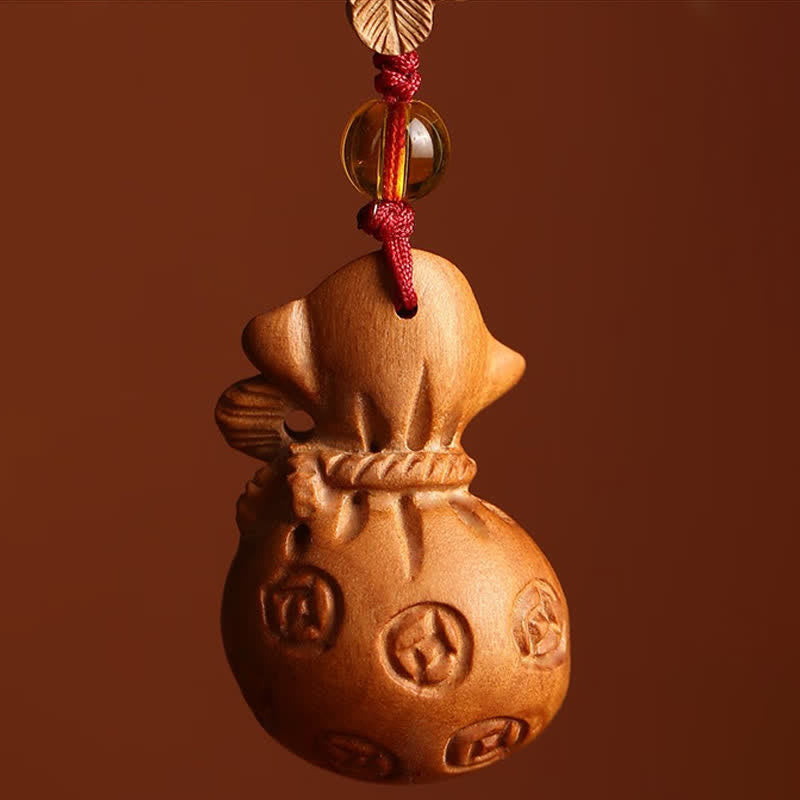 Buddha Stones Peach Wood Fu Character Lotus Lucky Pouch Wealth Charm Keychains - image 3