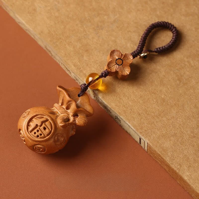 Buddha Stones Peach Wood Fu Character Lotus Lucky Pouch Wealth Charm Keychains - Plum Blossom Brown Rope - image 0