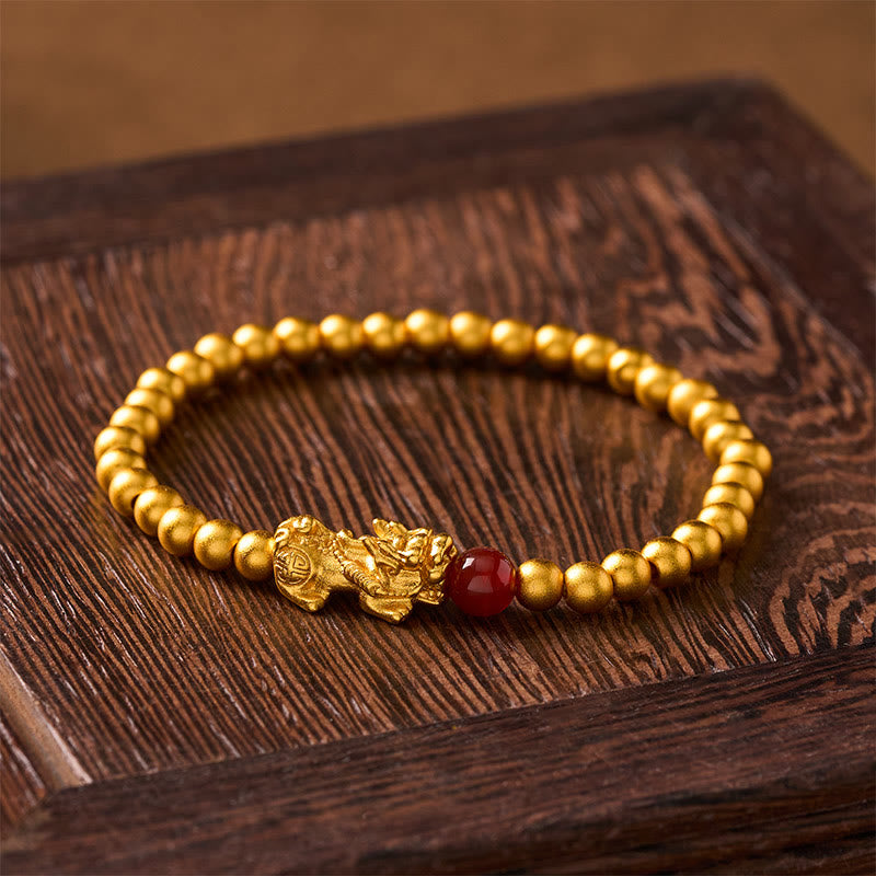 Buddha Stones Gold Plated Copper Red Agate Pi Xiu Wealth Round Bead Bracelet - image 1