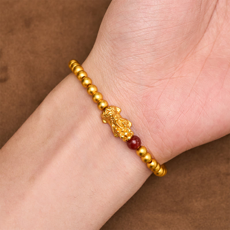 Buddha Stones Gold Plated Copper Red Agate Pi Xiu Wealth Round Bead Bracelet - image 3