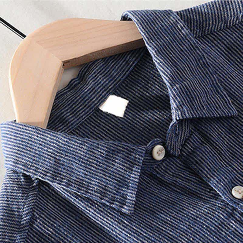 Buddha Stones Summer Casual Solid Striped Linen Men's Short Sleeve Shirts With Patch Pocket - image 1