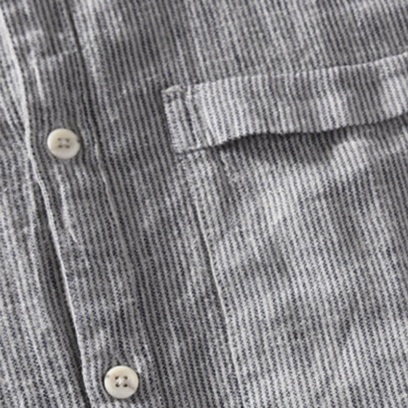 Buddha Stones Summer Casual Solid Striped Linen Men's Short Sleeve Shirts With Patch Pocket - image 12