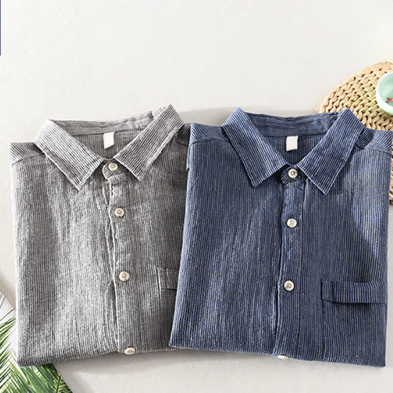 Buddha Stones Summer Casual Solid Striped Linen Men's Short Sleeve Shirts With Patch Pocket - image 20