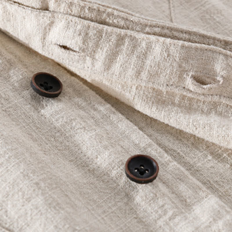 Buddha Stones Spring Casual Mandarin Collar Solid Ramie Men's Long Sleeve Shirts With Pocket - image 5
