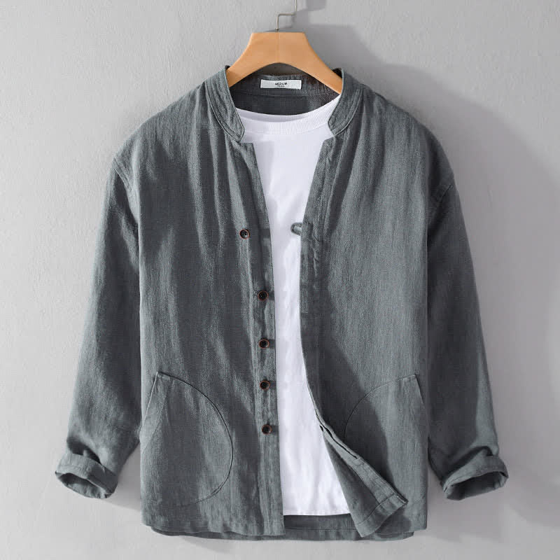 Buddha Stones Spring Casual Mandarin Collar Solid Ramie Men's Long Sleeve Shirts With Pocket - DimGray - US/UK/AU42，EU52 (3XL) - image 14