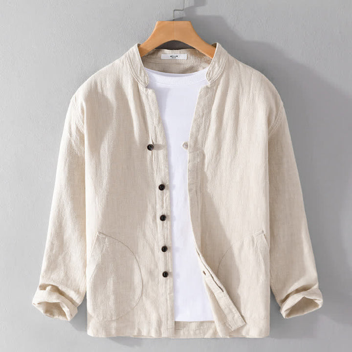 Buddha Stones Spring Casual Mandarin Collar Solid Ramie Men's Long Sleeve Shirts With Pocket - Khaki - US/UK/AU42，EU52 (3XL) - image 0