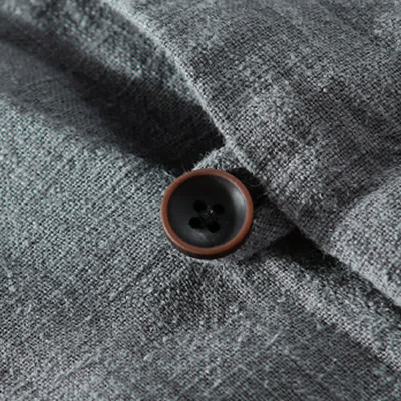 Buddha Stones Spring Casual Mandarin Collar Solid Ramie Men's Long Sleeve Shirts With Pocket - image 19