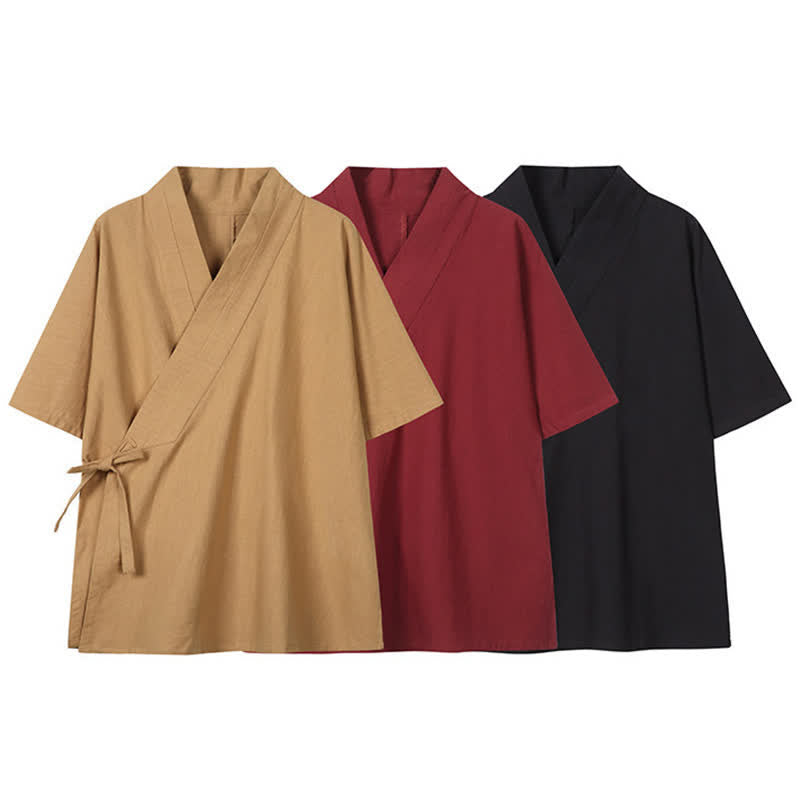 Buddha Stones Spring Summer Minimalist Drawstring Solid Cotton Linen Men's Kimono - image 14