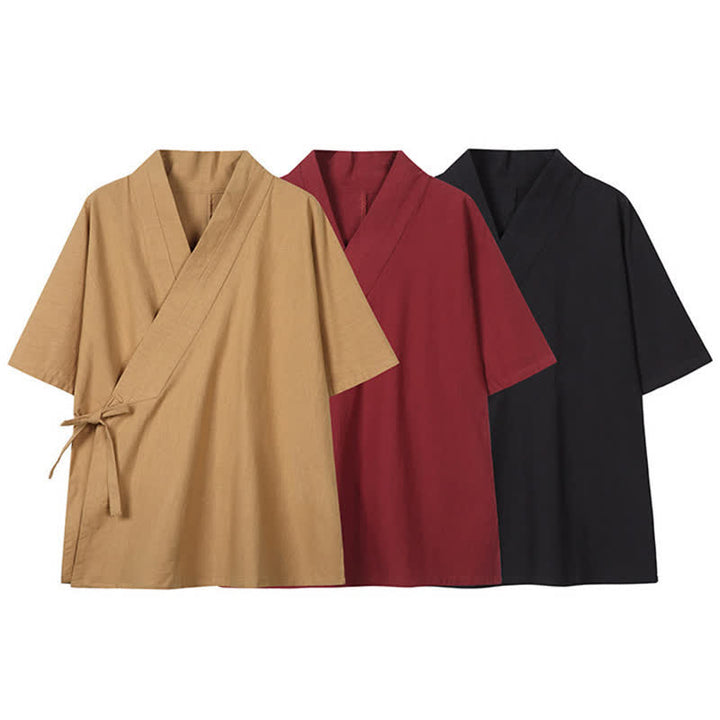 Buddha Stones Spring Summer Minimalist Drawstring Solid Cotton Linen Men's Kimono - image 14