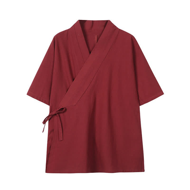 Buddha Stones Spring Summer Minimalist Drawstring Solid Cotton Linen Men's Kimono - Firebrick - US/UK/AU46，EU56 (5XL) - image 0