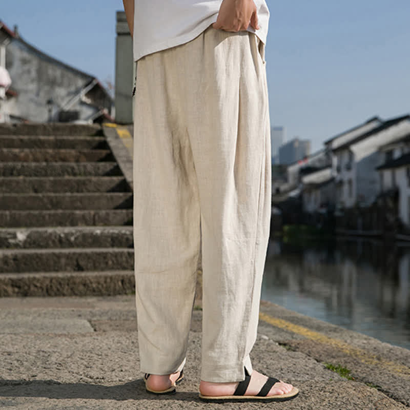 Buddha Stones Spring Summer Casual Minimalist Drawstring Solid Ramie Ankle Pants Men's Harem Pants With Pocket - image 3
