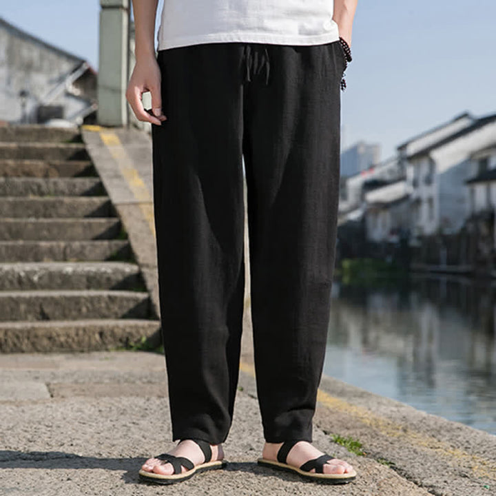 Buddha Stones Spring Summer Casual Minimalist Drawstring Solid Ramie Ankle Pants Men's Harem Pants With Pocket - image 9