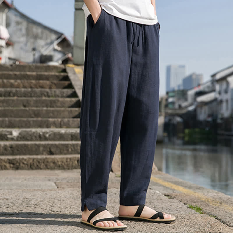 Buddha Stones Spring Summer Casual Minimalist Drawstring Solid Ramie Ankle Pants Men's Harem Pants With Pocket - image 13