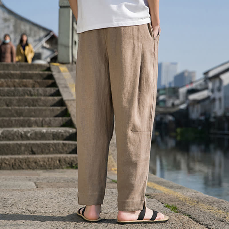 Buddha Stones Spring Summer Casual Minimalist Drawstring Solid Ramie Ankle Pants Men's Harem Pants With Pocket - image 25