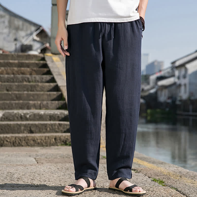 Buddha Stones Spring Summer Casual Minimalist Drawstring Solid Ramie Ankle Pants Men's Harem Pants With Pocket - MidnightBlue - US/UK/AU44，EU54 (4XL) - image 12